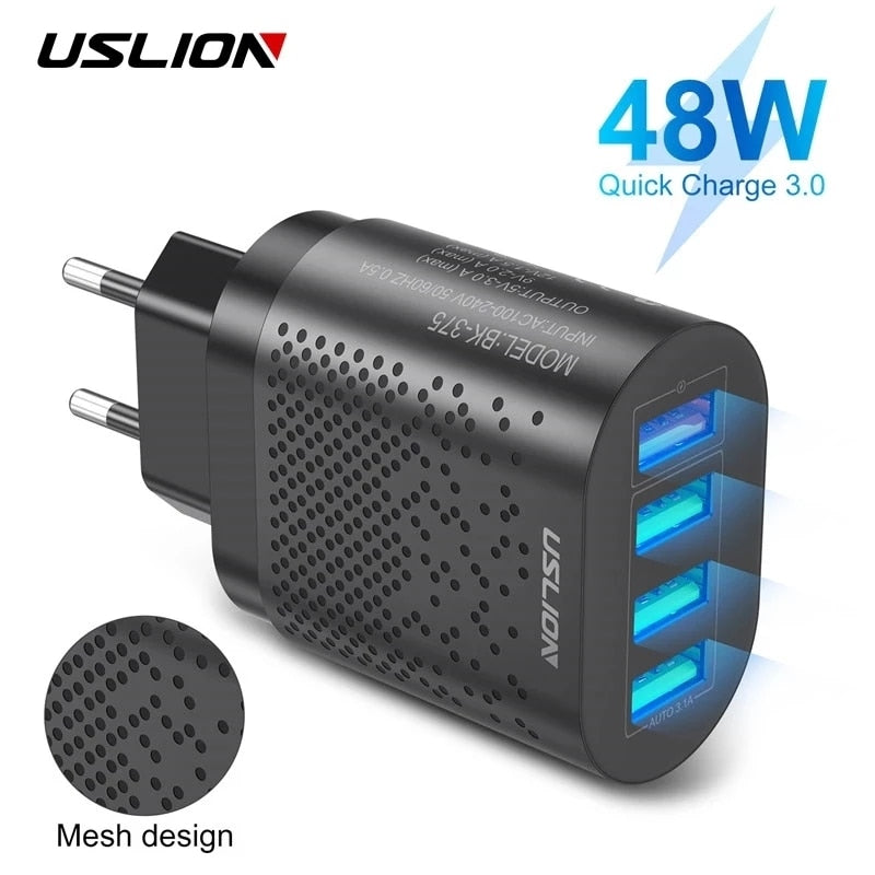 USLION EU/US Plug USB Charger 3A Quik Charge 3.0 Mobile Phone Charger For iPhone 11 Samsung Xiaomi 4 Port 48W Fast Wall Chargers - Premium 0 from TIKIJTRONICS - Just $4.39! Shop now at TIKIJTRONICS