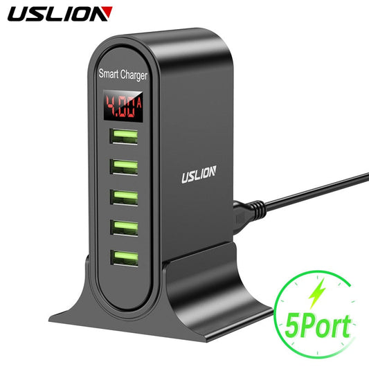 USLION 5 Port USB Charger HUB Multi USB Charging Station Dock Desktop Wall Home LED Display Universal New Chargers EU US UK Plug - TIKIJTRONICS # 0