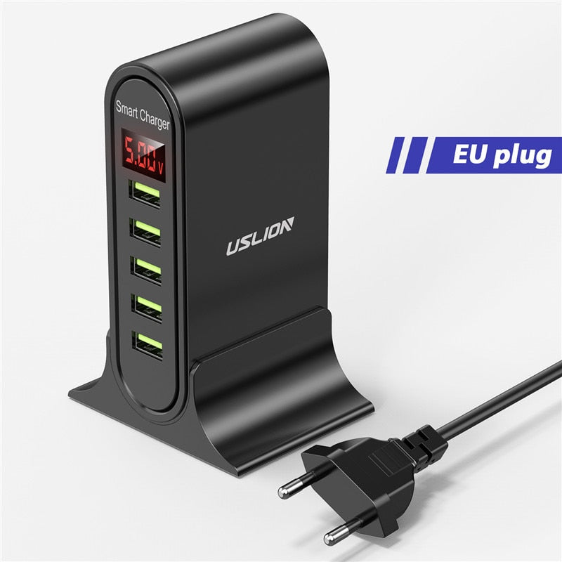 USLION 5 Port USB Charger HUB Multi USB Charging Station Dock Desktop Wall Home LED Display Universal New Chargers EU US UK Plug - TIKIJTRONICS # 0