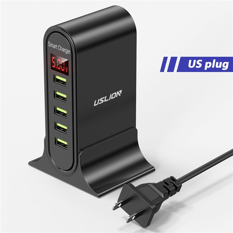 USLION 5 Port USB Charger HUB Multi USB Charging Station Dock Desktop Wall Home LED Display Universal New Chargers EU US UK Plug - TIKIJTRONICS # 0