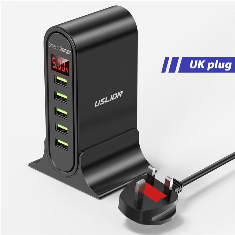 USLION 5 Port USB Charger HUB Multi USB Charging Station Dock Desktop Wall Home LED Display Universal New Chargers EU US UK Plug - TIKIJTRONICS # 0