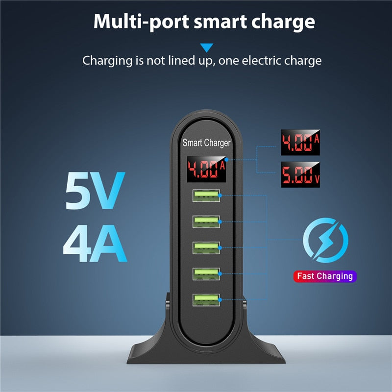 USLION 5 Port USB Charger HUB Multi USB Charging Station Dock Desktop Wall Home LED Display Universal New Chargers EU US UK Plug - TIKIJTRONICS # 0