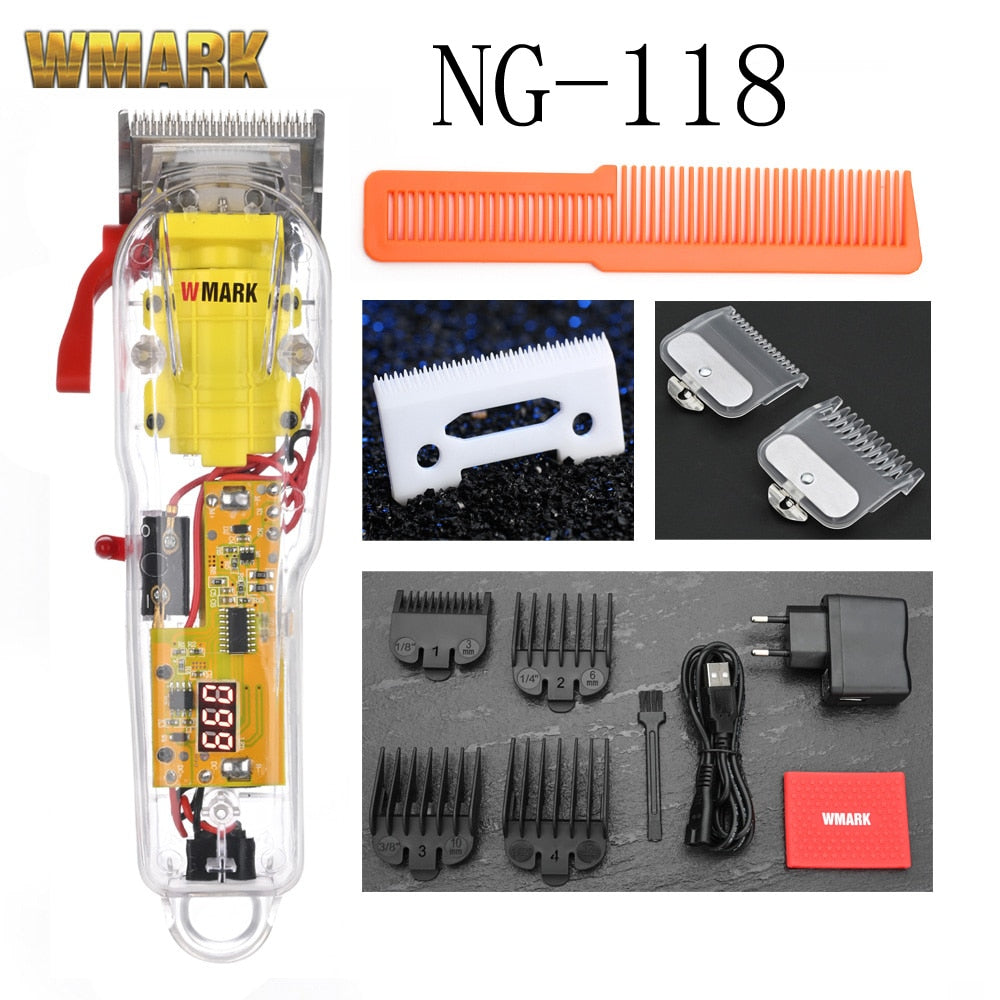 WMARK NG-108 NG-118 Transparent Style Rechargeable Hair clipper Professional Cord & cordless NG-202 Hair Trimmer - TIKIJTRONICS 0 SPECIFICATIONSSize: 100-240VOrigin: Mainland ChinaModel Number: NG-108/NG-118/NG-202Material: Carbon Steel+CopperItem Type: Hair TrimmerCommodity Quality Certification: ceBrand Name: WMARK TIKIJTRONICS  (Store description)