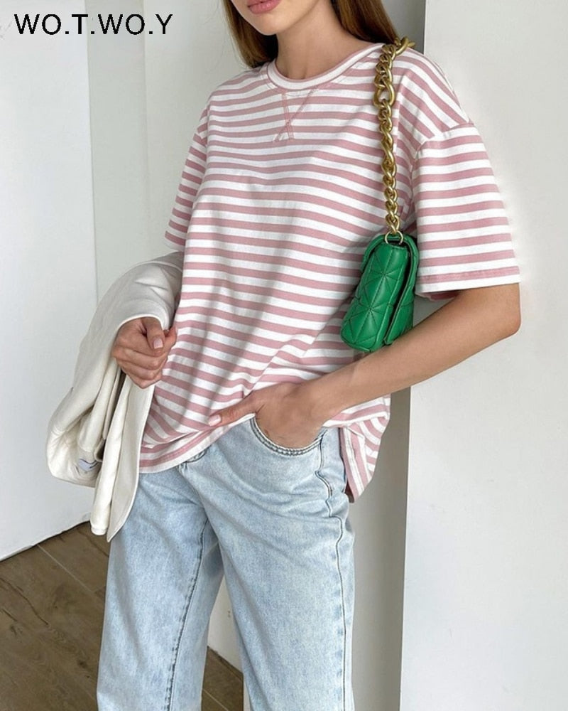 WOTWOY Summer Short Sleeve Striped T-Shirts Women Knitted Basic Casual Tops Female Cozy Loose Cotton Tees 2023 Harajuku Shirt - TIKIJTRONICS # 0