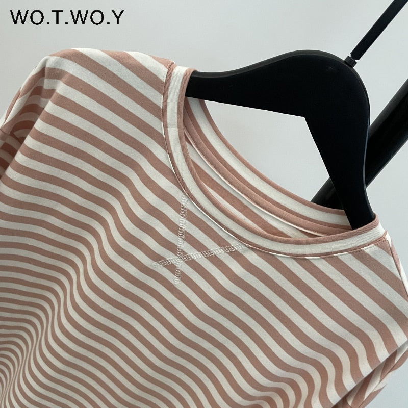 WOTWOY Summer Short Sleeve Striped T-Shirts Women Knitted Basic Casual Tops Female Cozy Loose Cotton Tees 2023 Harajuku Shirt - TIKIJTRONICS # 0