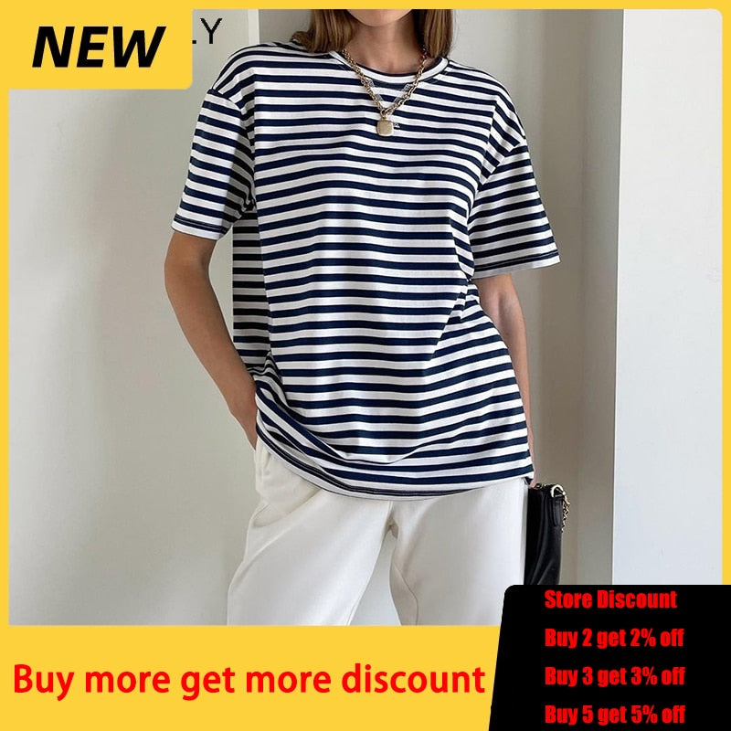 WOTWOY Summer Short Sleeve Striped T-Shirts Women Knitted Basic Casual Tops Female Cozy Loose Cotton Tees 2023 Harajuku Shirt - TIKIJTRONICS # 0