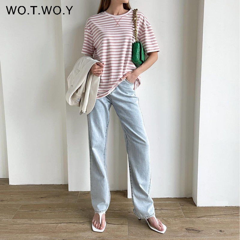 WOTWOY Summer Short Sleeve Striped T-Shirts Women Knitted Basic Casual Tops Female Cozy Loose Cotton Tees 2023 Harajuku Shirt - TIKIJTRONICS # 0