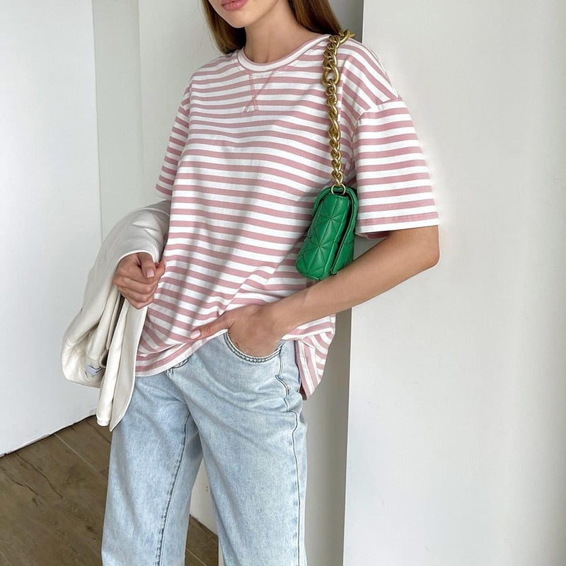 WOTWOY Summer Short Sleeve Striped T-Shirts Women Knitted Basic Casual Tops Female Cozy Loose Cotton Tees 2023 Harajuku Shirt - TIKIJTRONICS # 0