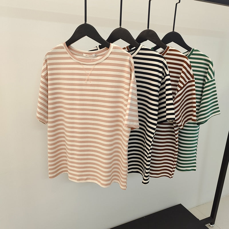 WOTWOY Summer Short Sleeve Striped T-Shirts Women Knitted Basic Casual Tops Female Cozy Loose Cotton Tees 2023 Harajuku Shirt - TIKIJTRONICS # 0