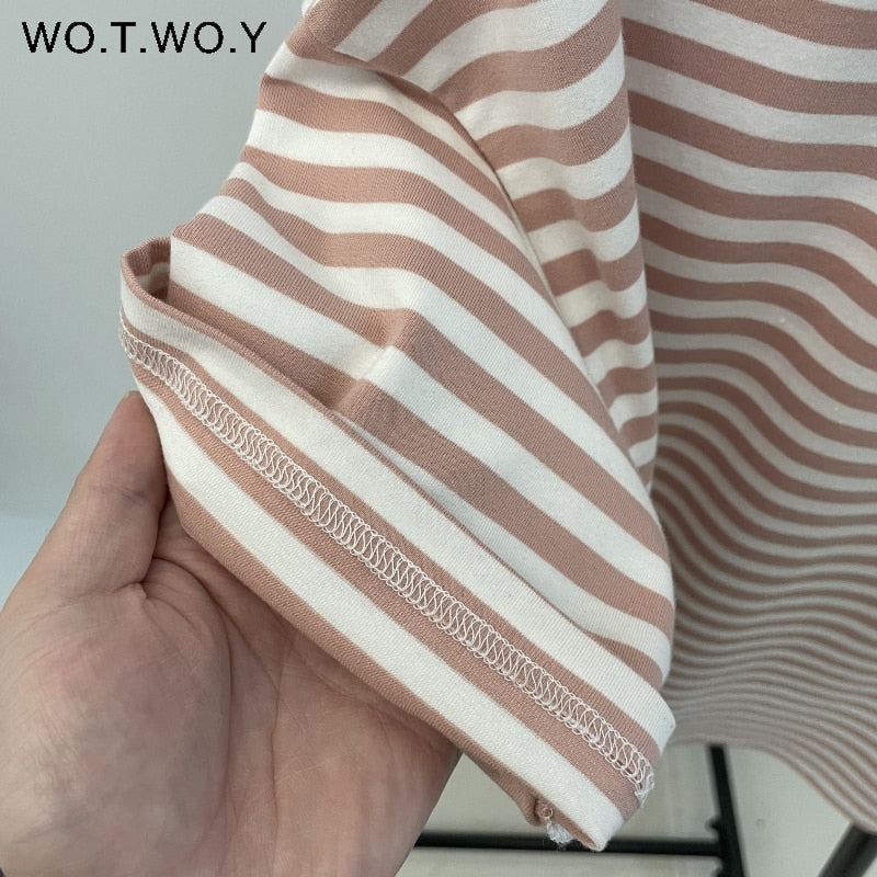 WOTWOY Summer Short Sleeve Striped T-Shirts Women Knitted Basic Casual Tops Female Cozy Loose Cotton Tees 2023 Harajuku Shirt - TIKIJTRONICS # 0