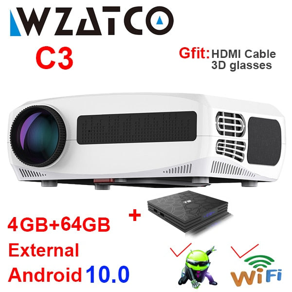 WZATCO C3 4D Keystone LED Projector 4K Android 10.0 WIFI 1920*1080P Proyector Home Theater 3D Media Video player Game Beamer.