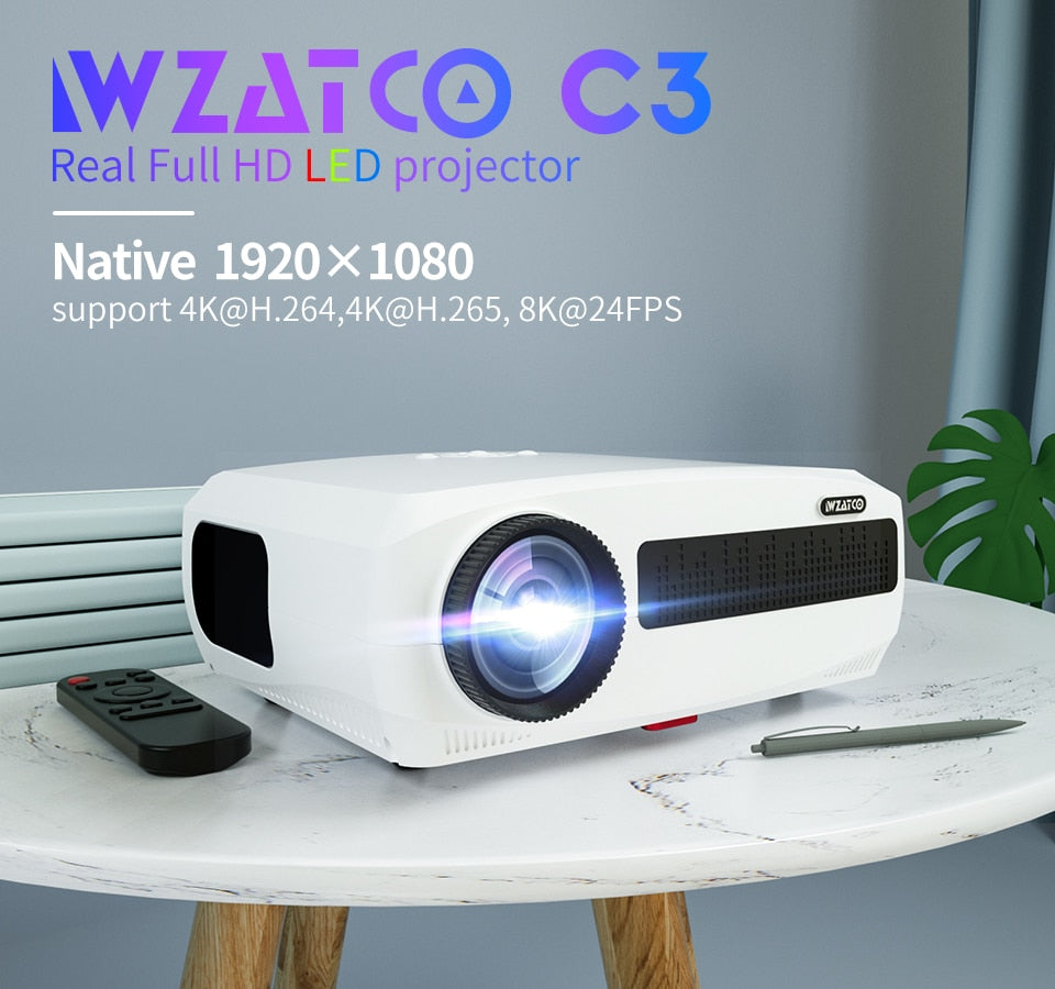 WZATCO C3 4D Keystone LED Projector 4K Android 10.0 WIFI 1920*1080P Proyector Home Theater 3D Media Video player Game Beamer.