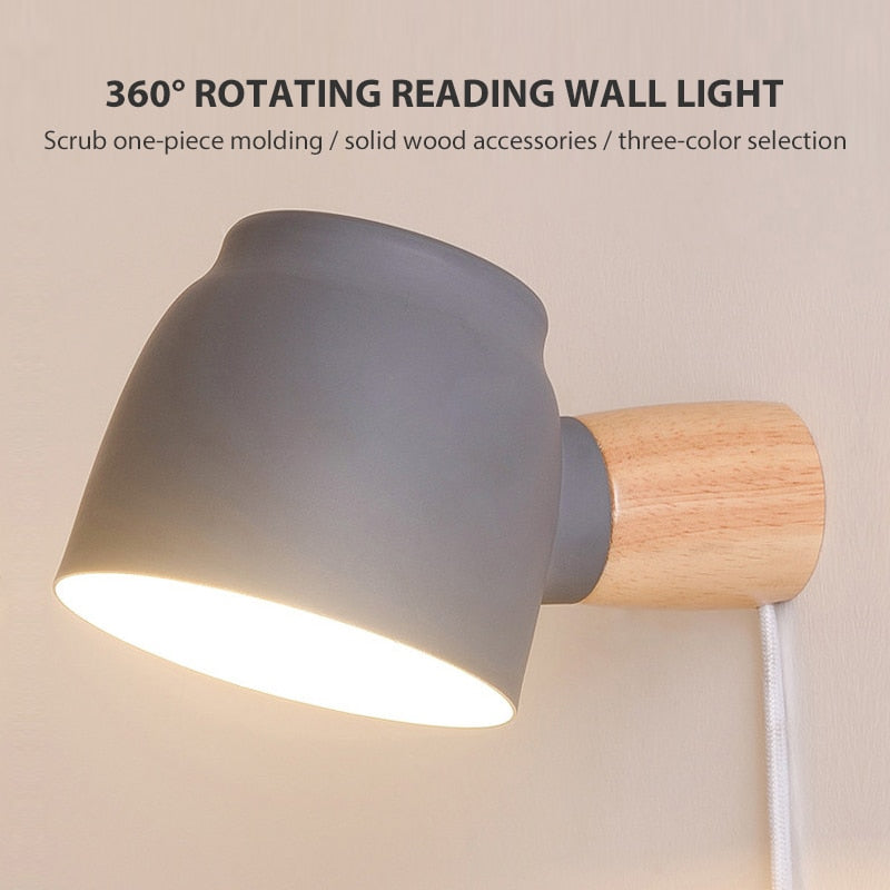 Wall lamp reading light 360° rotatable with switch braided wire plug frosted iron lamp shade solid wood lamp pole E14 lamp head - Premium 0 from TIKIJTRONICS - Just $22.39! Shop now at TIKIJTRONICS