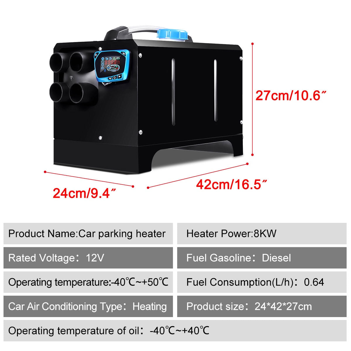 Warmtoo All In One Mini Diesel Air Heater 8KW 12V One Hole Car Heater For Trucks Motor-Homes LCD /Button Remote New Arrival - TIKIJTRONICS 0 SPECIFICATIONSVoltage: 12VSwitch Type: LCD SwitchSpecial Features: Car HeaterPower: 5000WPower: 8000WOrigin: Mainland ChinaModel Name: Heating & FansMaterial Type: Metal ;PlasticItem Width: 24cmItem Weight: 10kgItem Type: Heating & FansItem Length: 42cmItem Height: 27cmFuel: DieselExternal Testing Certification: ceBrand Name: warmtoo TIKIJTRONICS  (Store description)