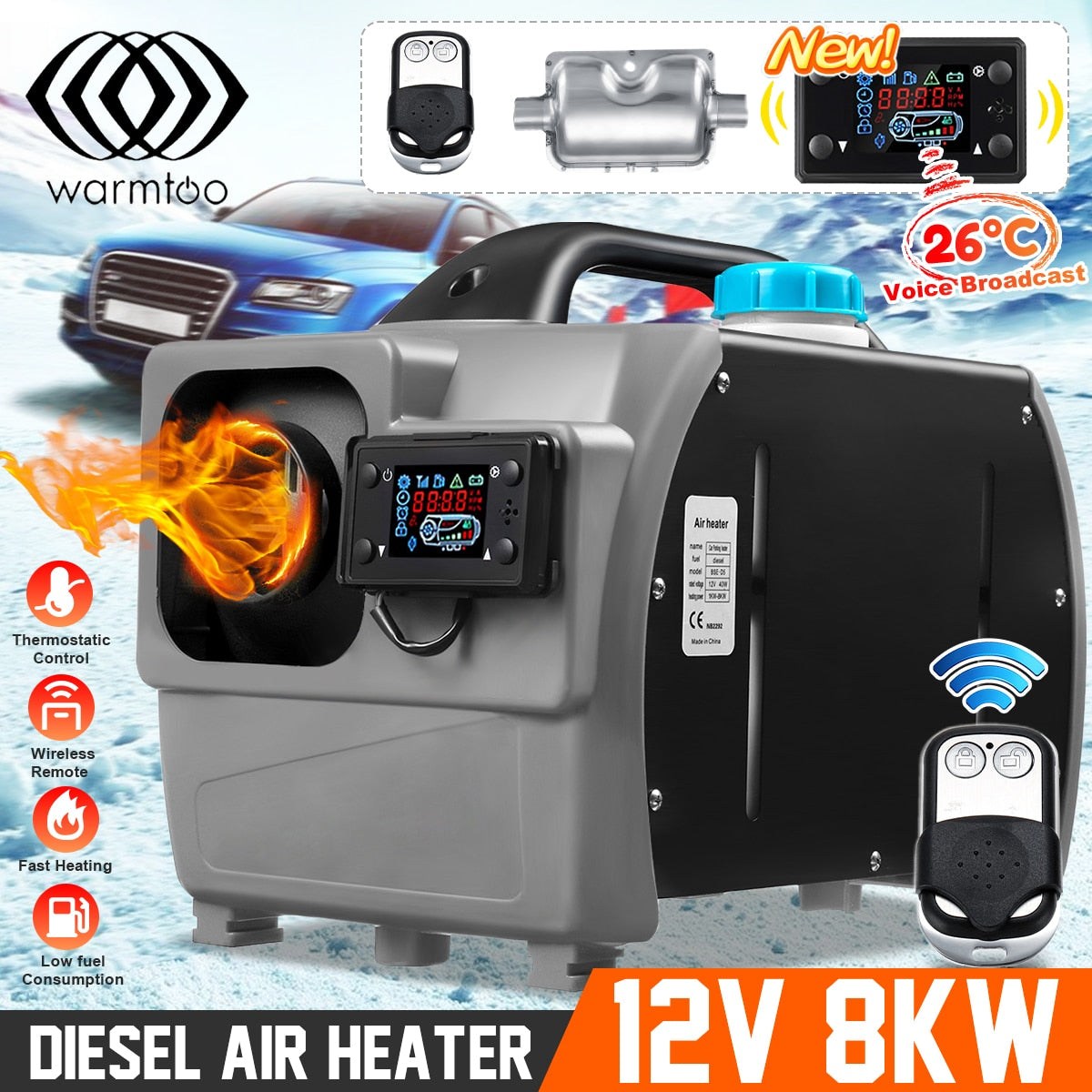 Warmtoo All In One Mini Diesel Air Heater 8KW 12V One Hole Car Heater For Trucks Motor-Homes LCD /Button Remote New Arrival - TIKIJTRONICS 0 SPECIFICATIONSVoltage: 12VSwitch Type: LCD SwitchSpecial Features: Car HeaterPower: 5000WPower: 8000WOrigin: Mainland ChinaModel Name: Heating & FansMaterial Type: Metal ;PlasticItem Width: 24cmItem Weight: 10kgItem Type: Heating & FansItem Length: 42cmItem Height: 27cmFuel: DieselExternal Testing Certification: ceBrand Name: warmtoo TIKIJTRONICS  (Store description)