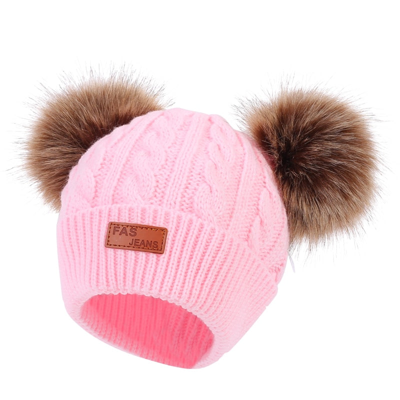 Winter Double Pompom Hat For Baby Girls Kids Caps Faux Fur Children's Beanie Bonnet TIKIJTRONICS