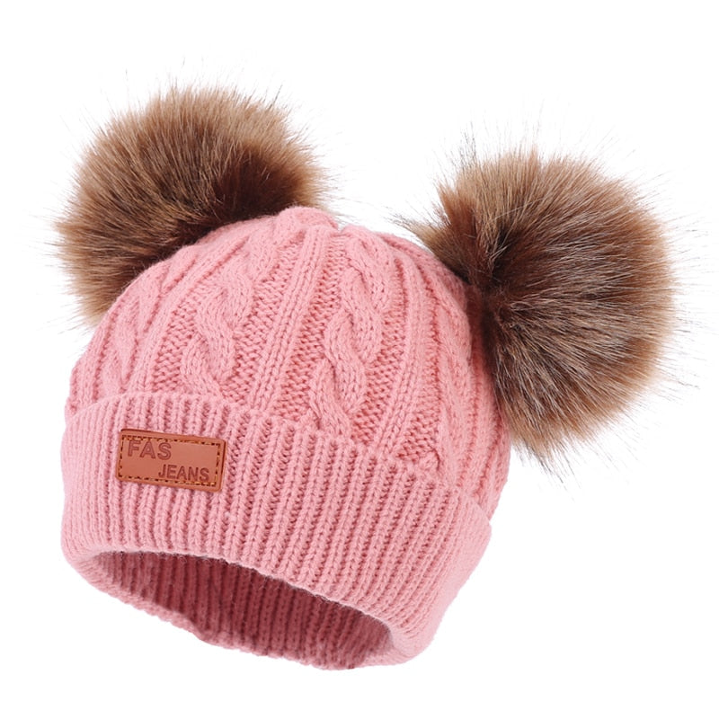 Winter Double Pompom Hat For Baby Girls Kids Caps Faux Fur Children's Beanie Bonnet TIKIJTRONICS