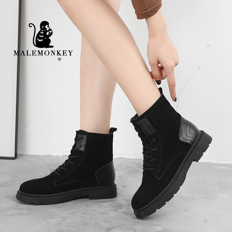 Winter Boots Women Platform 2022 Fashion Short Plush Ankle Boots Suede Leather Motorcycle Boots Non Slip Feamle Shoes Black - TIKIJTRONICS # 0