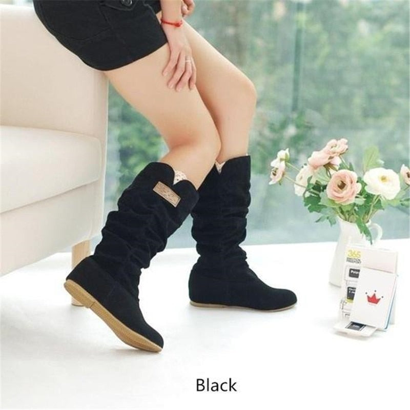 Winter Women Boots Female Round Toe Long Riding Motorcycle Boots Shoes Stylish Flat Flock Shoes Winter Snow Boots Shoes - TIKIJTRONICS # 0