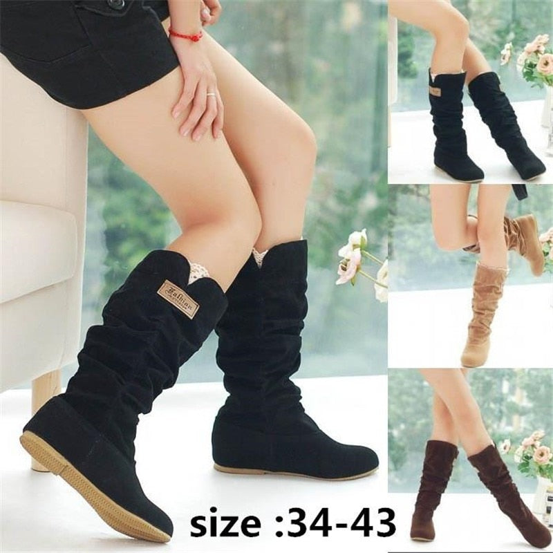 Winter Women Boots Female Round Toe Long Riding Motorcycle Boots Shoes Stylish Flat Flock Shoes Winter Snow Boots Shoes - TIKIJTRONICS # 0