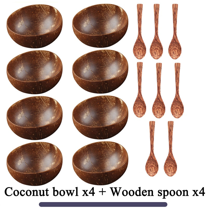 Women 12-15cm Natural Coconut Bowl Dinner Set Handmade Wooden Tableware Wood Spoon Dessert Fruit Salad Mixing Rice Ramen Bowl TIKIJTRONICS