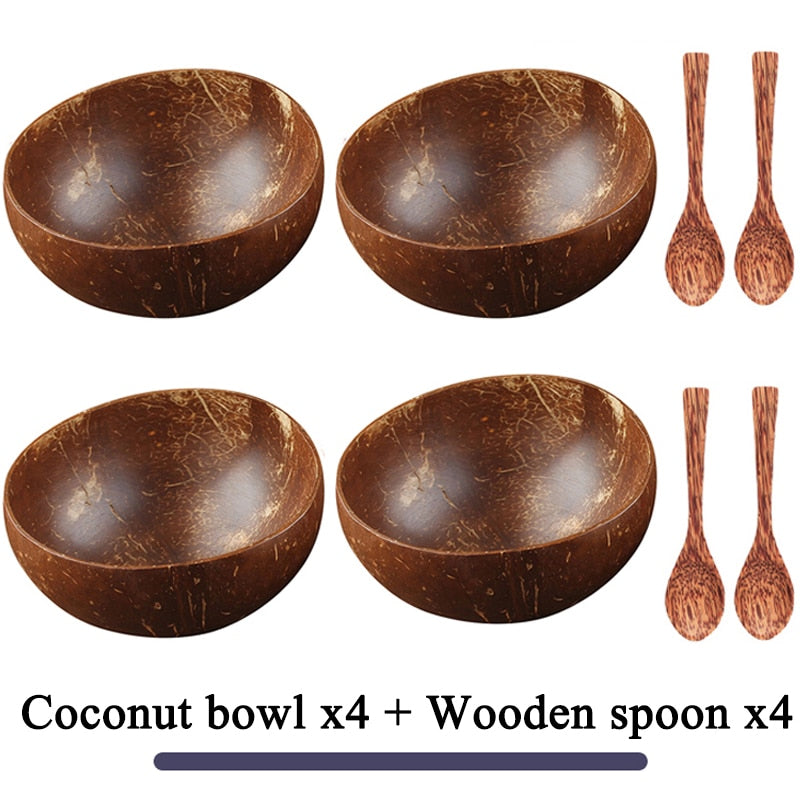 Women 12-15cm Natural Coconut Bowl Dinner Set Handmade Wooden Tableware Wood Spoon Dessert Fruit Salad Mixing Rice Ramen Bowl TIKIJTRONICS