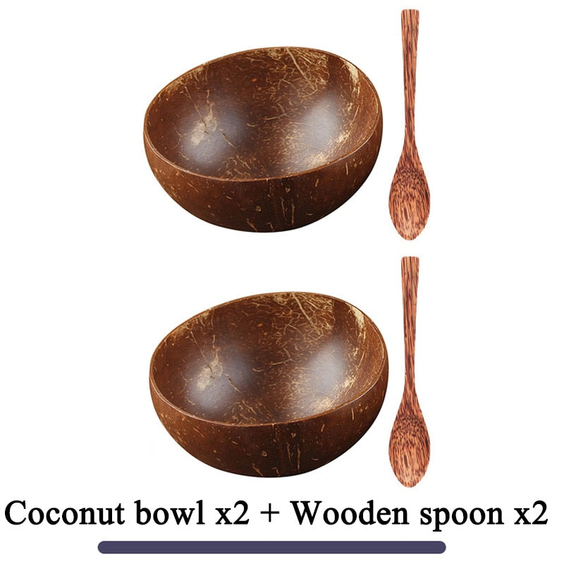 Women 12-15cm Natural Coconut Bowl Dinner Set Handmade Wooden Tableware Wood Spoon Dessert Fruit Salad Mixing Rice Ramen Bowl TIKIJTRONICS