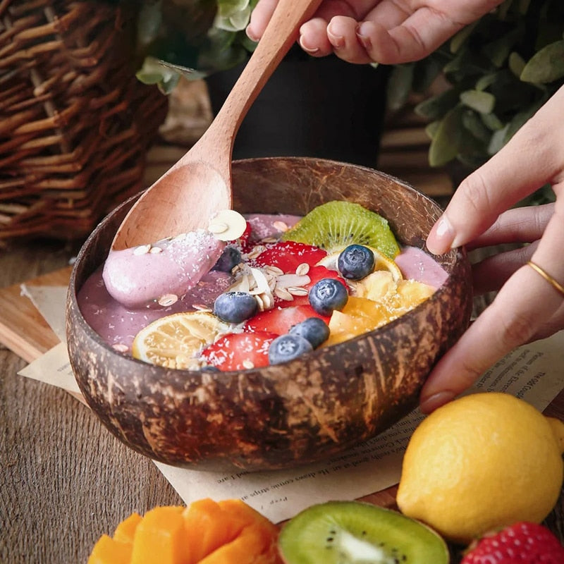 Women 12-15cm Natural Coconut Bowl Dinner Set Handmade Wooden Tableware Wood Spoon Dessert Fruit Salad Mixing Rice Ramen Bowl - TIKIJTRONICS # 0