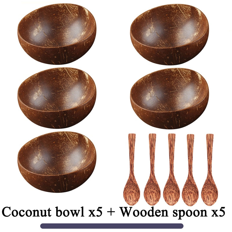 Women 12-15cm Natural Coconut Bowl Dinner Set Handmade Wooden Tableware Wood Spoon Dessert Fruit Salad Mixing Rice Ramen Bowl - TIKIJTRONICS # 0