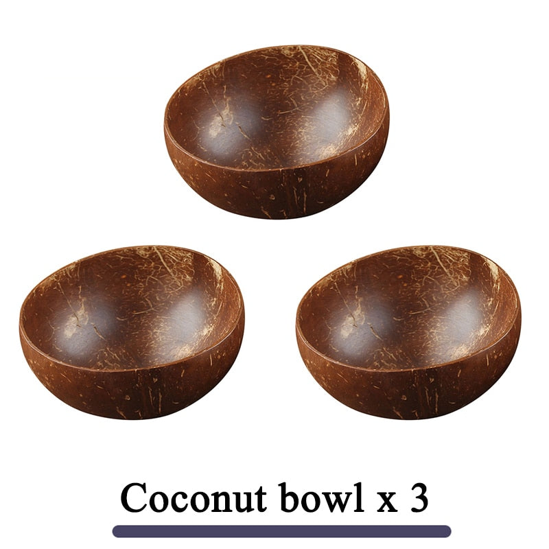 Women 12-15cm Natural Coconut Bowl Dinner Set Handmade Wooden Tableware Wood Spoon Dessert Fruit Salad Mixing Rice Ramen Bowl - TIKIJTRONICS # 0