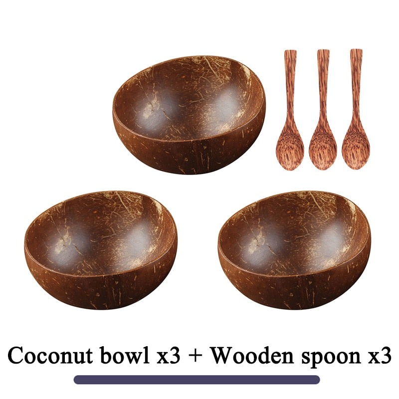 Women 12-15cm Natural Coconut Bowl Dinner Set Handmade Wooden Tableware Wood Spoon Dessert Fruit Salad Mixing Rice Ramen Bowl - TIKIJTRONICS # 0