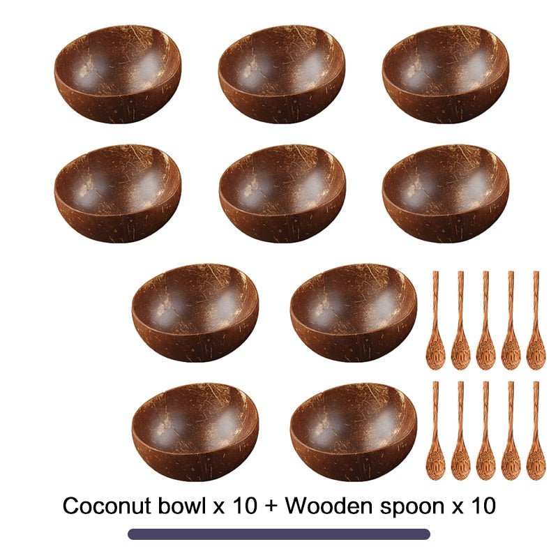 Women 12-15cm Natural Coconut Bowl Dinner Set Handmade Wooden Tableware Wood Spoon Dessert Fruit Salad Mixing Rice Ramen Bowl - TIKIJTRONICS # 0