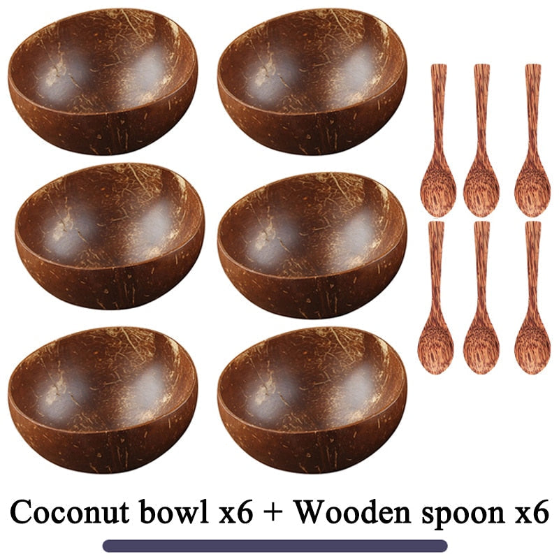 Women 12-15cm Natural Coconut Bowl Dinner Set Handmade Wooden Tableware Wood Spoon Dessert Fruit Salad Mixing Rice Ramen Bowl - TIKIJTRONICS # 0