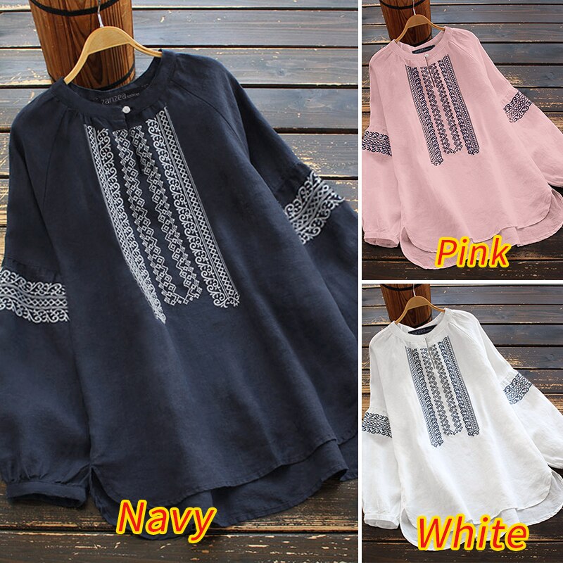 ZANZEA 2023 Kaftan Embroidery Tops Women's Autumn Blouse Casual Long Sleeve Shirts Female O Neck Ruffle Top  Tunic TIKIJTRONICS