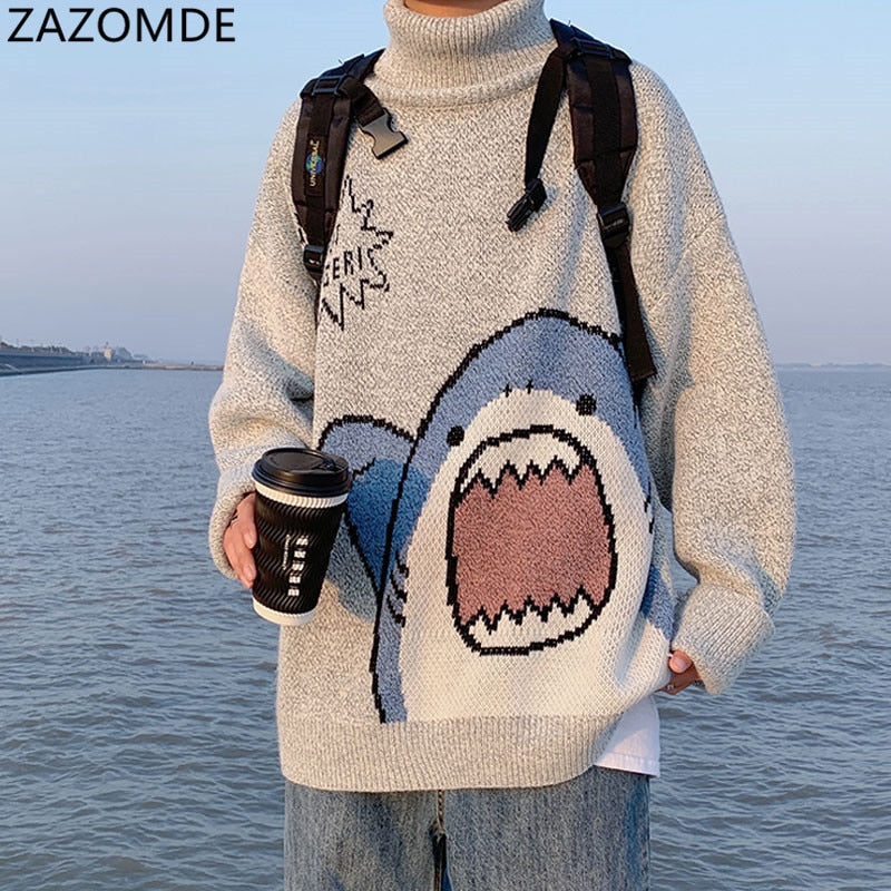 ZAZOMDE Men Turtlenecks Shark Sweater Men 2023 Winter Patchwor Harajuku Korean Style High Neck Oversized Grey Turtleneck For Men - TIKIJTRONICS # 0