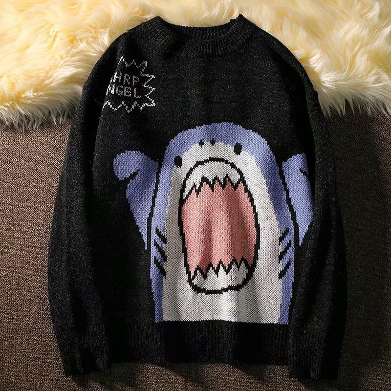 ZAZOMDE Men Turtlenecks Shark Sweater Men 2023 Winter Patchwor Harajuku Korean Style High Neck Oversized Grey Turtleneck For Men - TIKIJTRONICS # 0