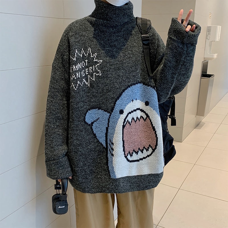 ZAZOMDE Men Turtlenecks Shark Sweater Men 2023 Winter Patchwor Harajuku Korean Style High Neck Oversized Grey Turtleneck For Men - TIKIJTRONICS # 0