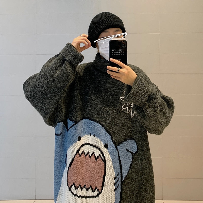 ZAZOMDE Men Turtlenecks Shark Sweater Men 2023 Winter Patchwor Harajuku Korean Style High Neck Oversized Grey Turtleneck For Men - TIKIJTRONICS # 0