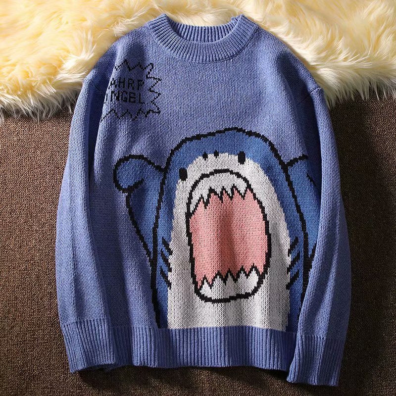 ZAZOMDE Men Turtlenecks Shark Sweater Men 2023 Winter Patchwor Harajuku Korean Style High Neck Oversized Grey Turtleneck For Men - TIKIJTRONICS # 0