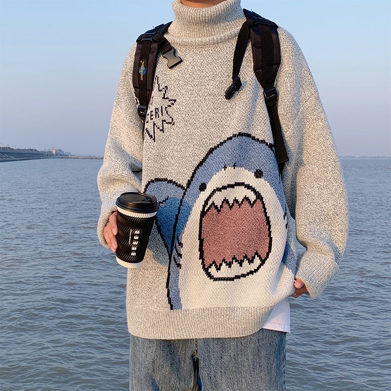 ZAZOMDE Men Turtlenecks Shark Sweater Men 2023 Winter Patchwor Harajuku Korean Style High Neck Oversized Grey Turtleneck For Men - TIKIJTRONICS # 0