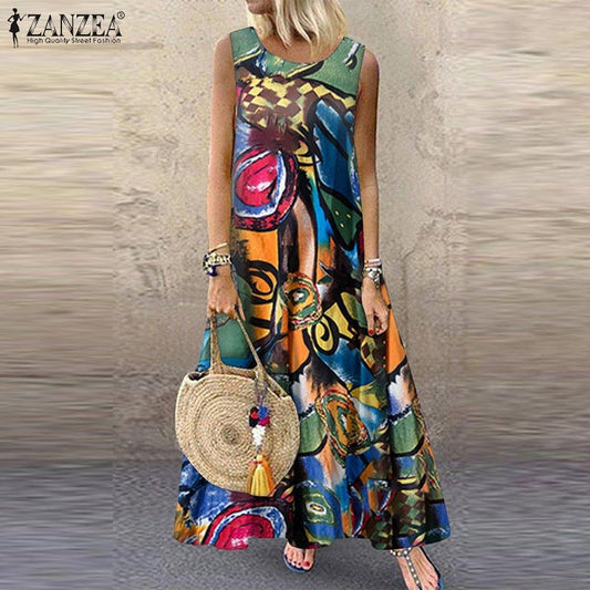 Zanzea Zomer Jurk Vrouwen Bohemian Mouwloze Bloemen Gedrukt Zonnejurk Gewaad Vintage Kaftan Strand Vestido Femme Sarafans - TIKIJTRONICS # 0