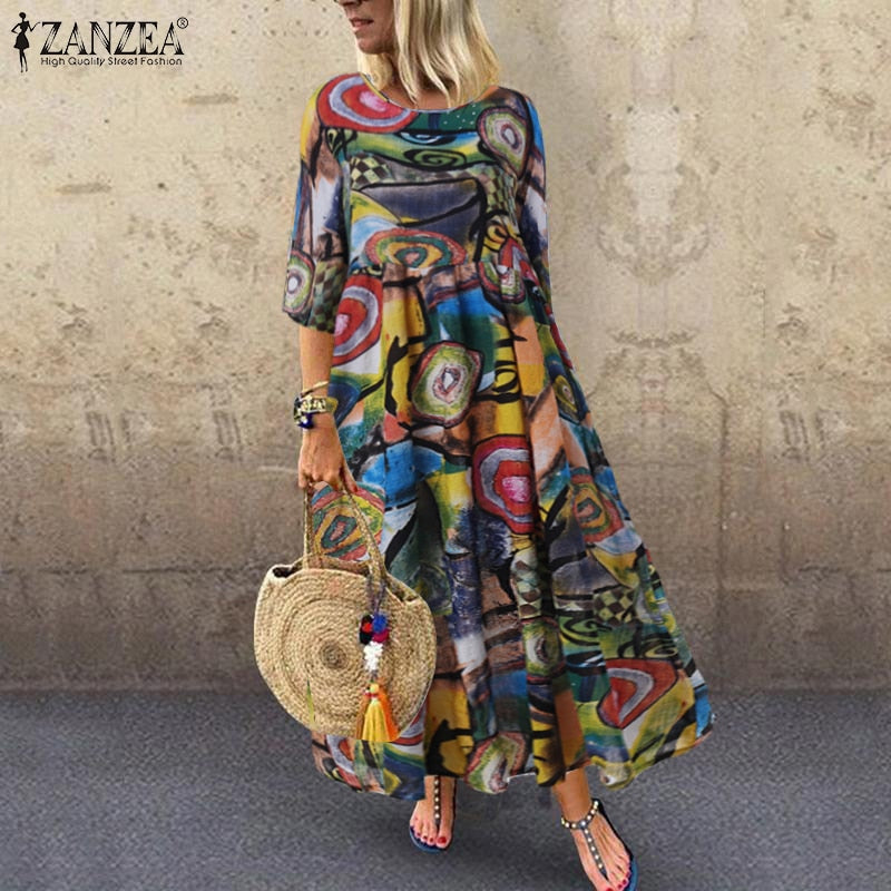 Zanzea Zomer Jurk Vrouwen Bohemian Mouwloze Bloemen Gedrukt Zonnejurk Gewaad Vintage Kaftan Strand Vestido Femme Sarafans - TIKIJTRONICS # 0