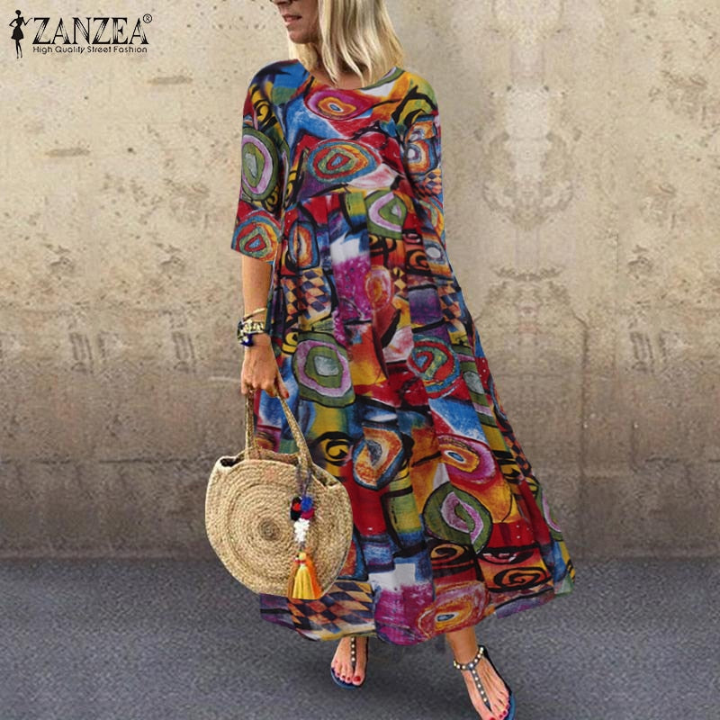 Zanzea Zomer Jurk Vrouwen Bohemian Mouwloze Bloemen Gedrukt Zonnejurk Gewaad Vintage Kaftan Strand Vestido Femme Sarafans - TIKIJTRONICS # 0