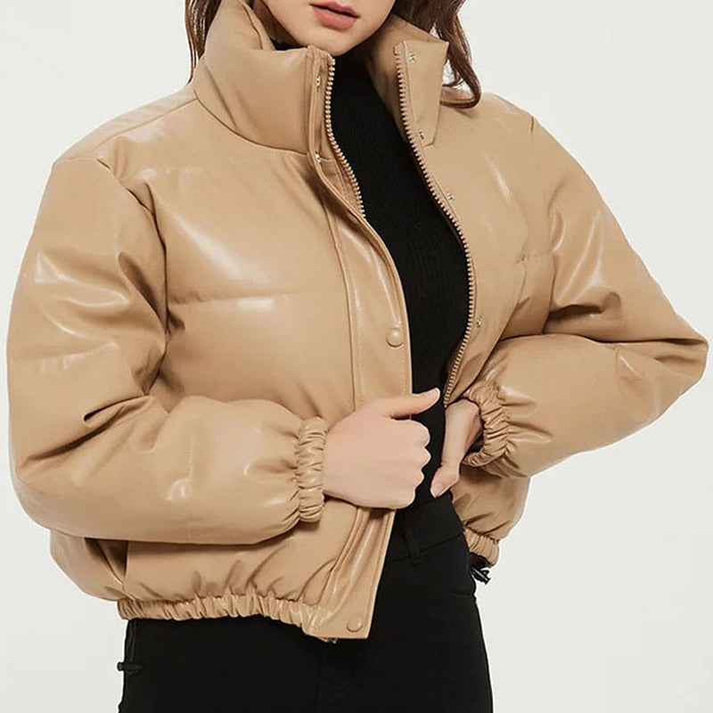 Zoki Winter Thick Women Short Parkas Warm Fashion PU Leather Coats Black Cotton Padded Female Down Jacket Elegant Zipper Clothes - TIKIJTRONICS # 0